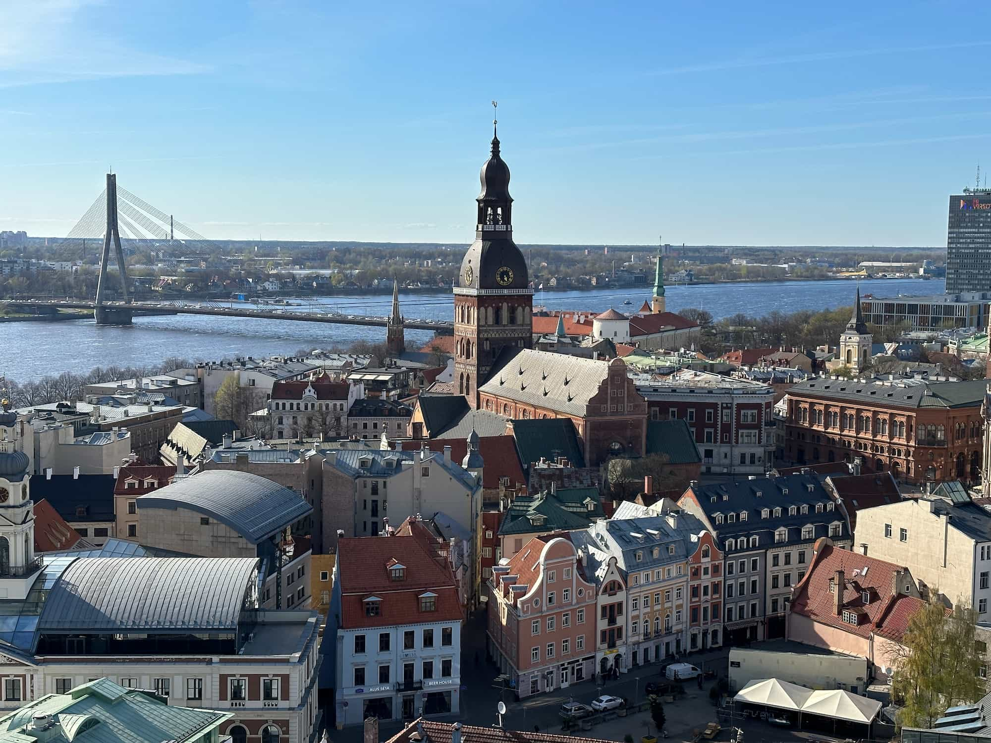 View from St. Peter's Church Tower with Riga Cathedral and Vanšu Bridge in the background